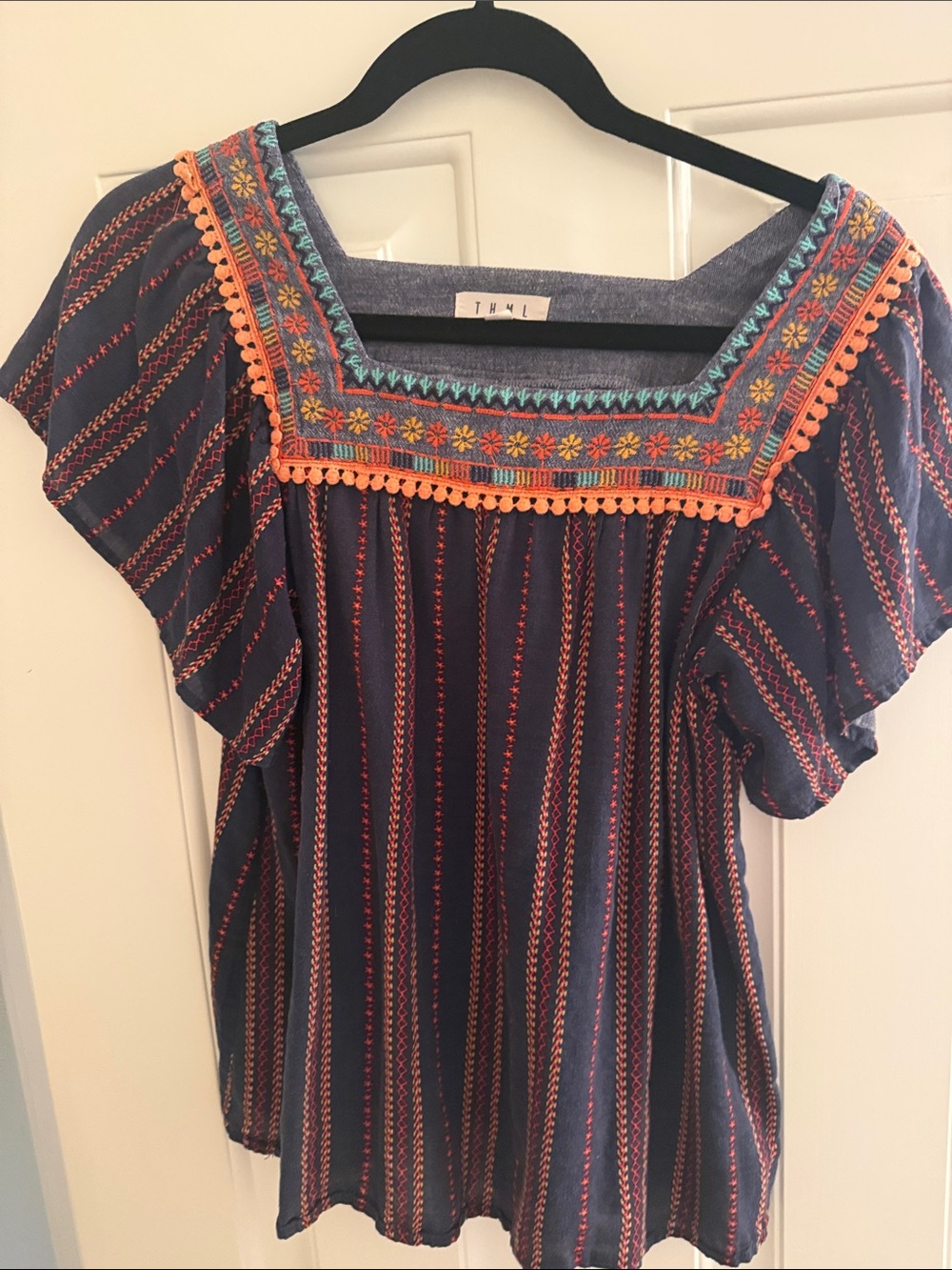 THML Navy Tunic Top with Orange & Teal Embroidery